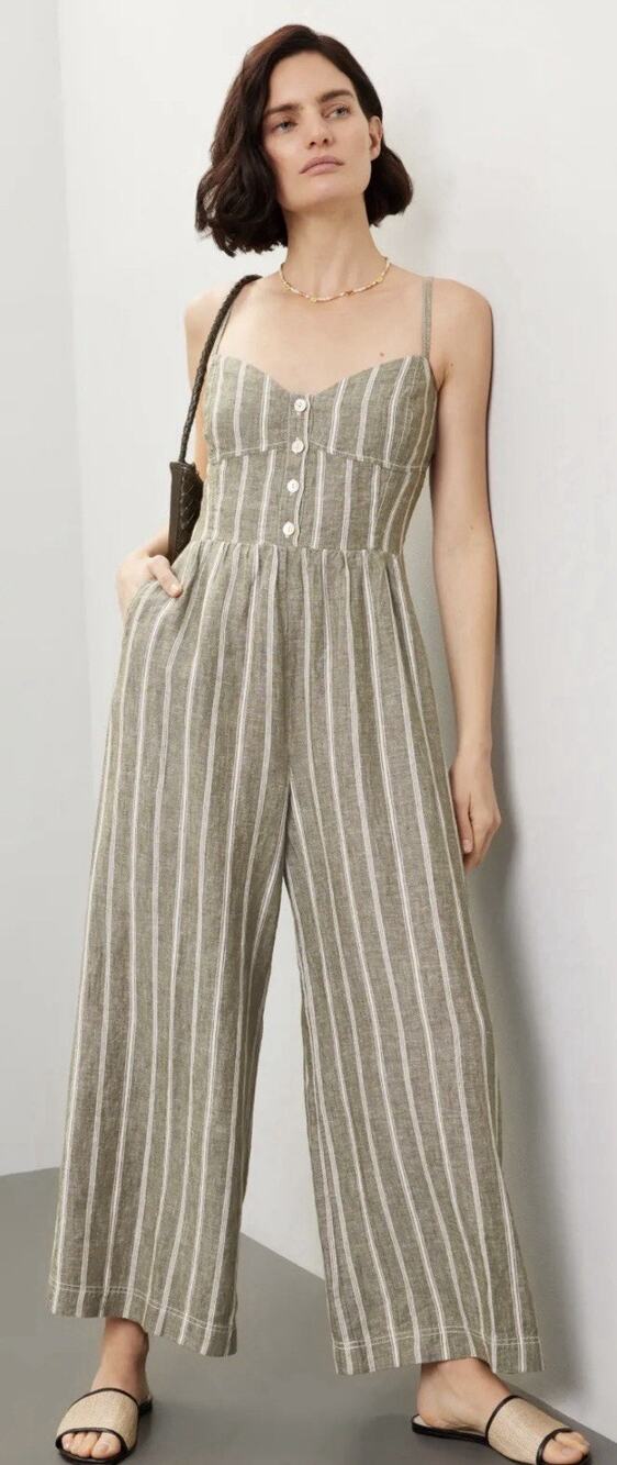 MADEWELL Campbell Linen Jumpsuit Womens 4 Green Stripe Wide Leg Smocked Summer